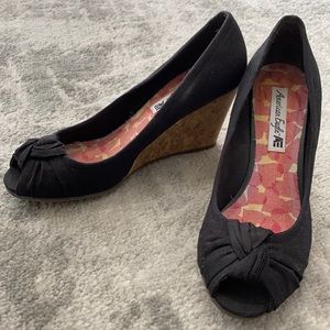 American Eagle Black Peep Toe Wedges